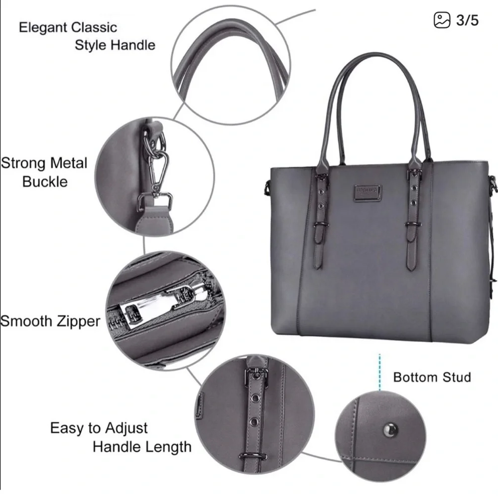 Men's Gray Leather Messenger Tote Bag with Detachable Strap